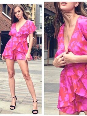Do + Be Open Back Cutout Hot Pink & Red Floral Romper Dress - Size S